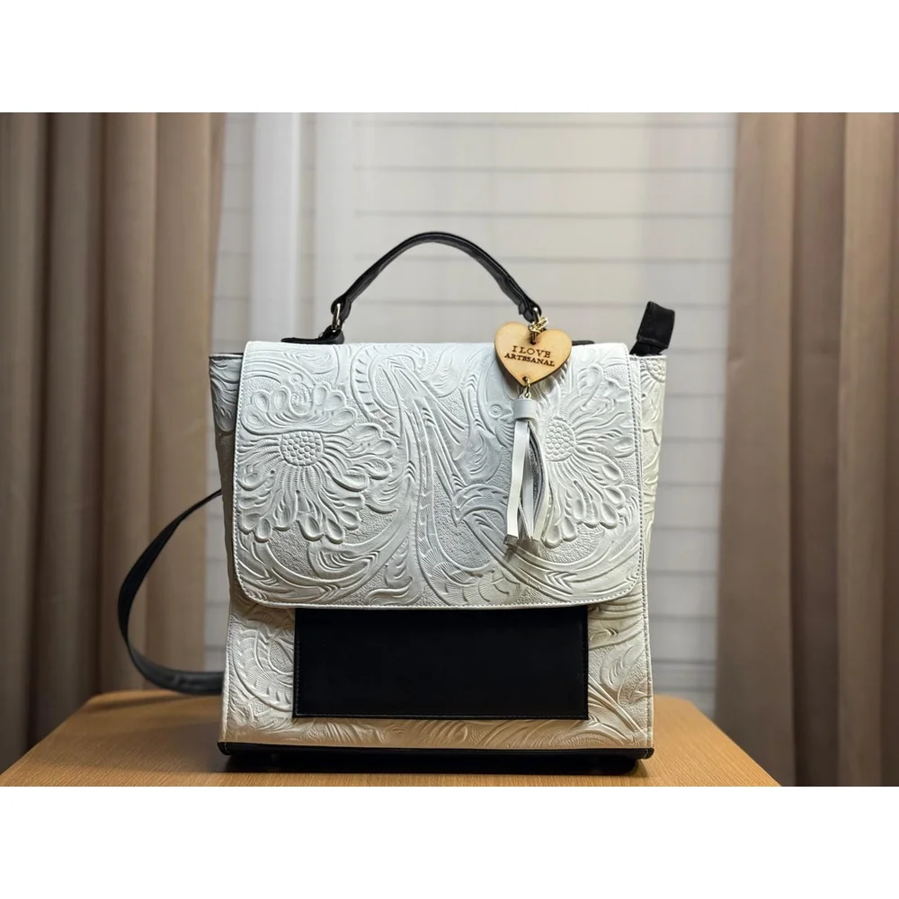 LEATHER Black & White BACKPACK Embossed Tooled Artisan Shoulder Bag Purse Hobo